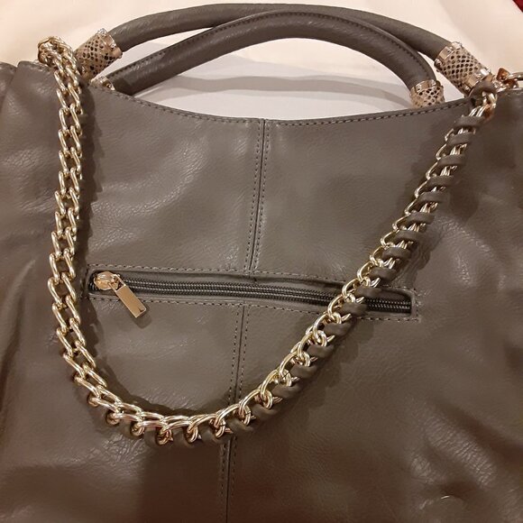 Mosh Grey Purse w/Double Handle and Shoulder Chain.  Zipper Closure - Picture 2 of 4